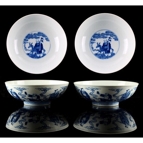 A pair of Chinese blue & white Immortals bowls, each painted...