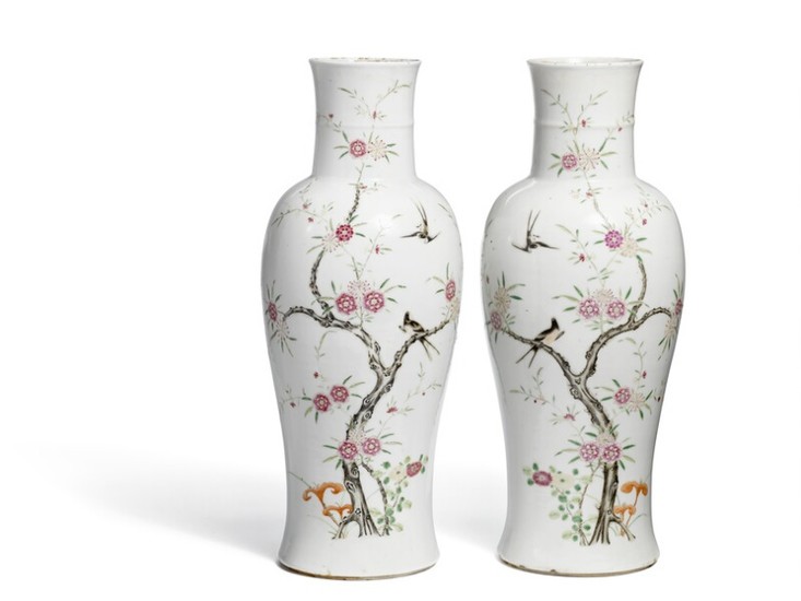 A pair of Chinese famille rose porcelain “sleeve” vases, late Qing. H. 46.5 cm. (2)