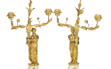 A pair of French or Russian Directoire three light figural gilt bronze...