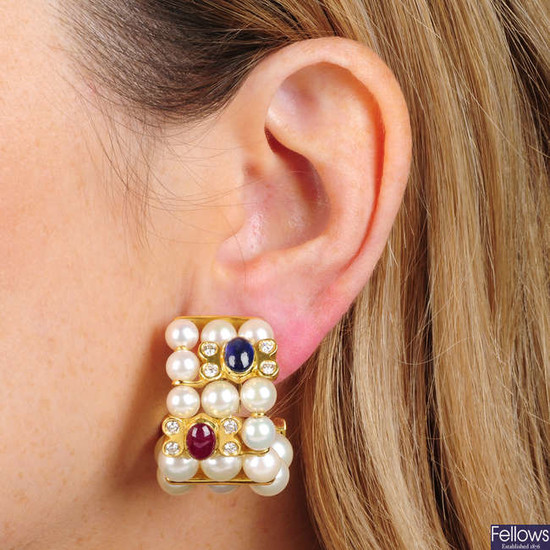 A pair of cultured pearl, diamond, ruby and sapphire earrings.