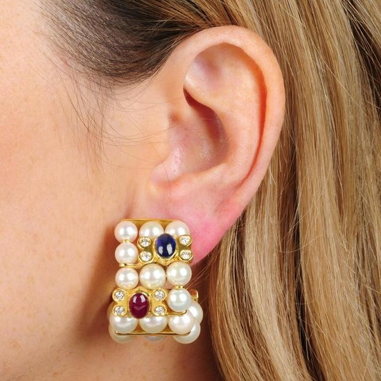 A pair of cultured pearl three-row earrings, with ruby