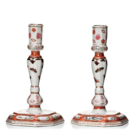 A pair of rouge de fer and grisaille export candle sticks, Qing dynasty, Qianlong (1736-95).