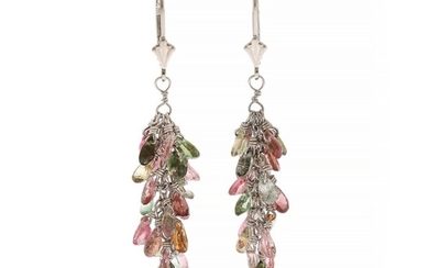 A pair of tourmaline ear pendants each set with numerous pear-shaped tourmalines, mounted in 14k white gold. L. 4.5 cm. (2)