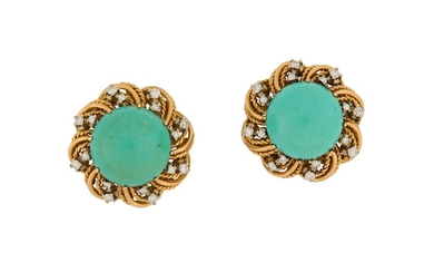A pair of turquoise and diamond earclips