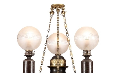 A patinated tole and gilt-brass three-light colza-oil chandelier, french mid 19th century | Lustre à pétrole en tôle et laiton doré, milieu du XIXe siècle