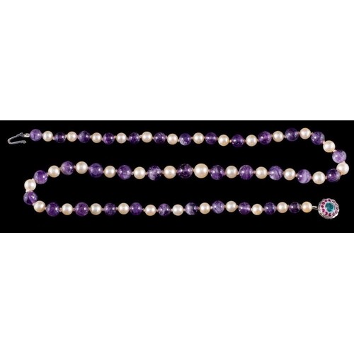 A pearl and amethyst bead necklace: the alternating 7mm cult...
