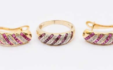A ruby and diamond 14ct gold ring and earrings set,...
