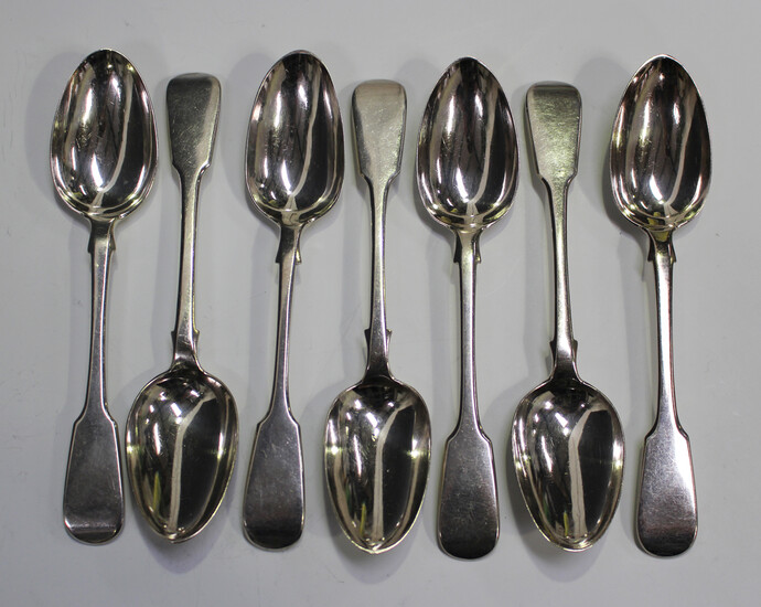 A set of five Victorian silver Fiddle pattern dessert spoons, London 1860 by Henry Lias & Son, l