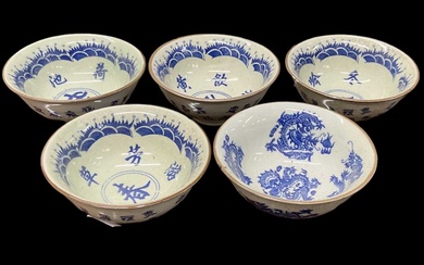 A set of five modern Chinese blue and white crackle...