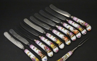 A set of ten 19thC knives with porcelain pistol grip handles...