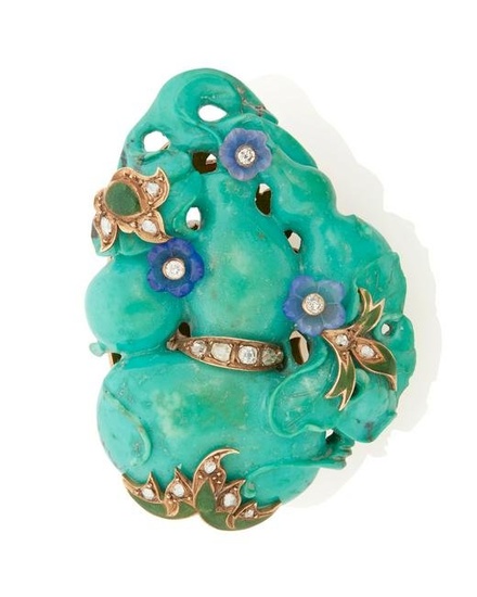 A turquoise, diamond, sapphire and enamel brooch