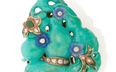 A turquoise, sapphire, diamond and enamel brooch