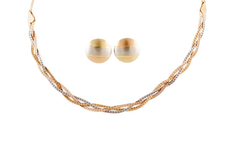 AN 18CT YELLOW, WHITE AND ROSE GOLD NECKLACE AND EARRINGS, 1...