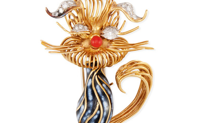 AN 18K GOLD, CORAL, DIAMOND AND ENAMEL CLIP
