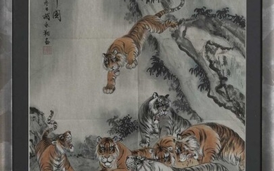 AN AMBUSH OF TIGERS, A CHINESE SCHOOL WATERCOLOUR