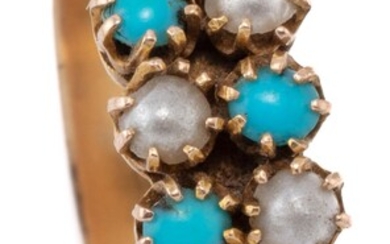 AN ANTIQUE 15CT GOLD STONE SET RING; claw set with turquoise and faux pearls to half round shank with makers mark A&H, size O1/2, to...