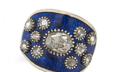 AN ANTIQUE DIAMOND AND ENAMEL RING in 14ct yellow gold, the blue enamel face set with rose cut