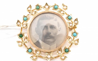 AN AUSTRALIAN SEED PEARL AND TURQUOISE BROOCH/LOCKET IN 15CT GOLD, HALLMARKED BY DUGGIN, SHAPPERE & CO, MELBOURNE (1896-1932)
