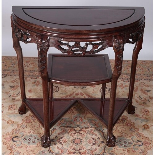 AN ORIENTAL HARDWOOD SIDE TABLE of demilune outline with pie...