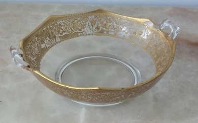 ANTIQUE GLASS HANDLED SERVING BOWL FANCY GOLD TRIM