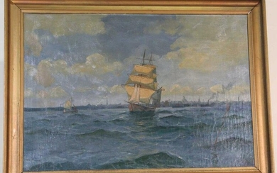 ANTIQUE SAILING SHIP OIL ON CANVAS PAINTING
