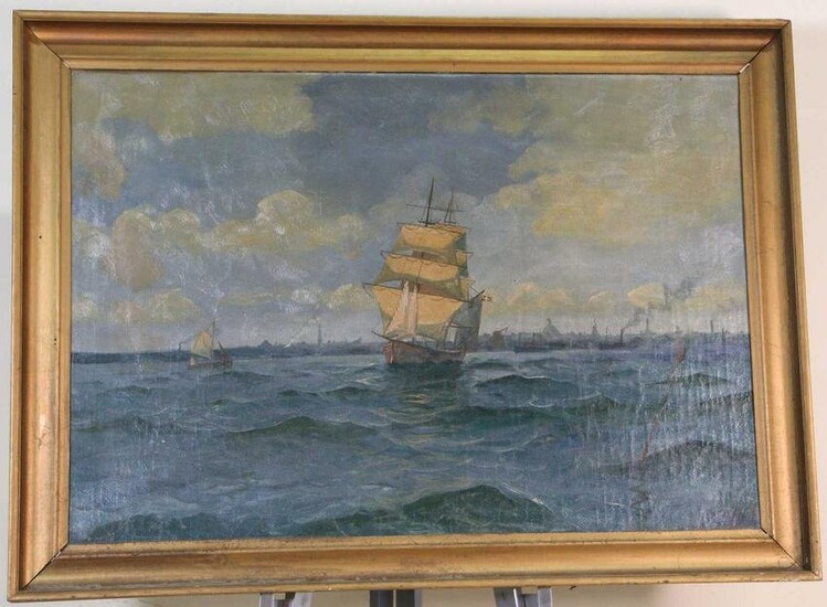 ANTIQUE SAILING SHIP OIL ON CANVAS PAINTING