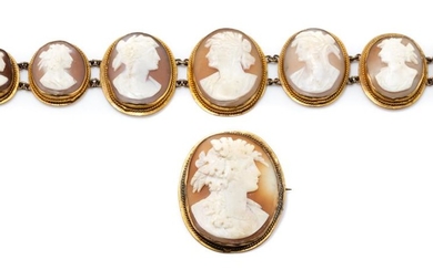 ANTIQUE SHELL CAMEO BRACELET AND BROOCH SUITE; bracelet 2-3cm graduated oval plaques featuring portraits in gilt metal frames with w...