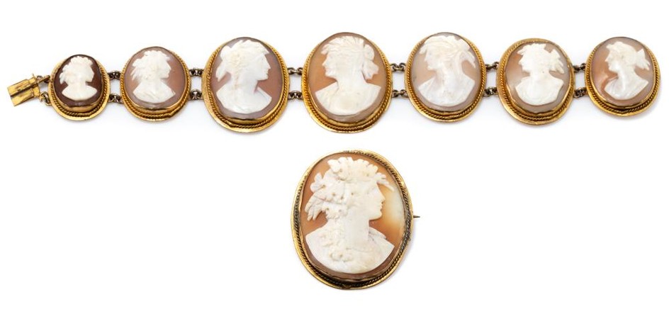 ANTIQUE SHELL CAMEO BRACELET AND BROOCH SUITE; bracelet 2-3cm graduated oval plaques featuring portraits in gilt metal frames with w...