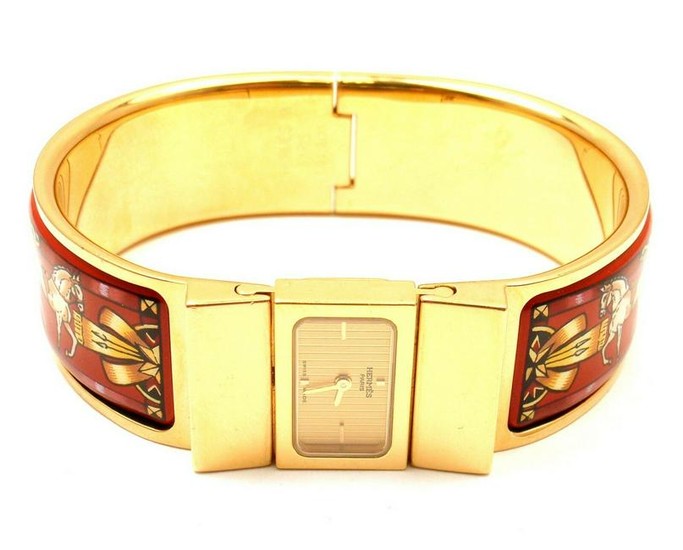 AUTH HERMES LOQUET RED HORSE EQUESTRIAN MOTIF BANGLE