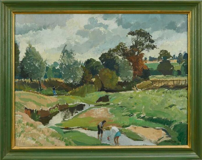 Adrian Chorley, oil on board, figures at Nayland