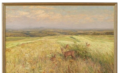 Albert Holz - a meadow landscape with deer, Dü