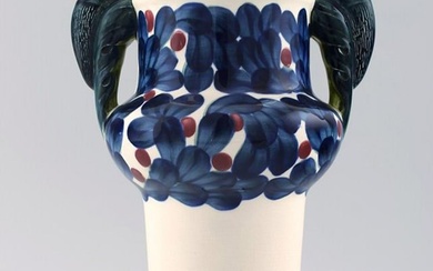 Aluminia, Copenhagen, rare snail vase, hand painted with snails and floral motifs.