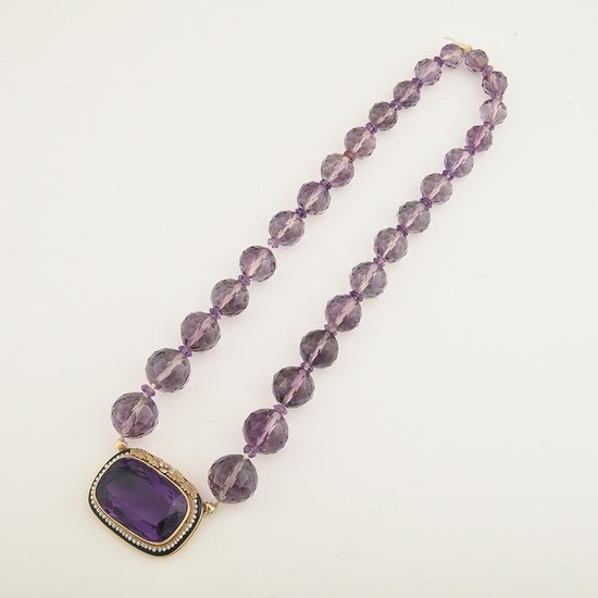 Amethyst, Seed Pearl, Enamel, 14k Yellow Gold Necklace.