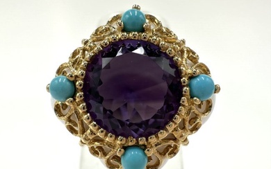 Amethyst, turquoise, and white jade 14k ring