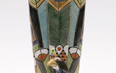 An American Studio Pottery Peacock Vase , Signed JE, H:26cm