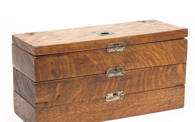An English EPNS oak mounted biscuit box; a serving bowl and a smoker?s box