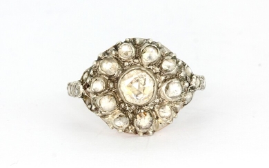 An antique yellow and white metal (tested gold and silver) cluster ring set with rose cut diamonds, estimated 2ct overall, (N).