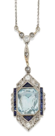 An aquamarine and diamond pendant necklace, the pendant designed as a single millegrain-set rectangular cut-cornered aquamarine with calibre sapphire sides (one deficient) and triangular-cut sapphire and diamond four stone chevron-shaped terminals...