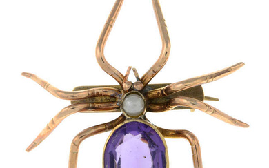 An early 20th century gold, purple paste and imitation pearl spider brooch.