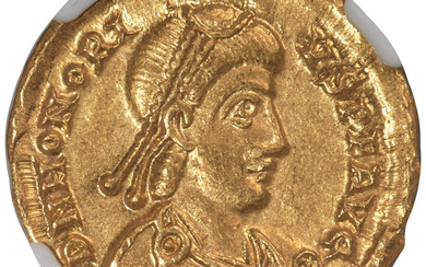 Ancients: , Honorius, Western Roman Empire (AD 393-423). AV solidus (20mm, 4.45 gm, 12h). NGC Choice AU S 5/5 - 5/5....