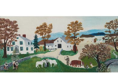 Anna Mary Robertson Grandma Moses (American, 1860-1961) Farm in Autumn 13 3/8 x 27 3/16 in. (34.0 x 69.0 cm) (framed 20 x 34 in. (under glass))