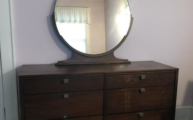 Antique Art Deco 6 Drawer Dresser w Round Mirror