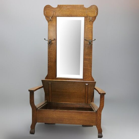 Antique Arts & Crafts Mission Oak Mirrored Hall Seat