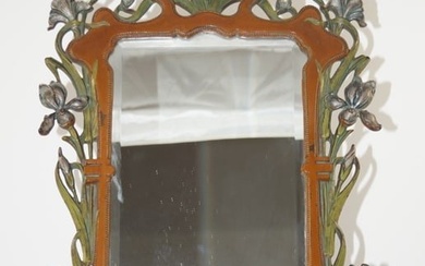 Antique Bevel Mirror w/ Iris Flower Cast iron Frame