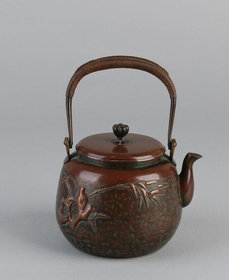 Antique Chinese copper kettle with bamboo decor and