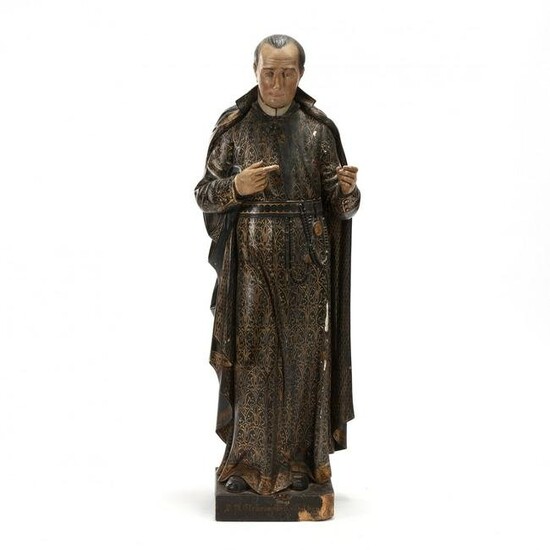 Antique Continental Large Wood Statue of Saint Clement