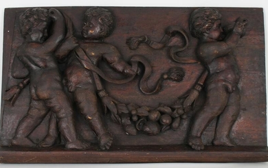 Antique European Cherubic Carved Wooden Relief