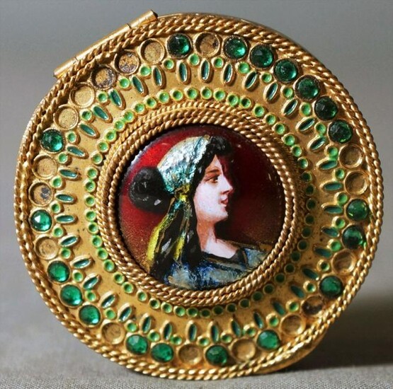Antique French Compact With Enameled Copper Portrait