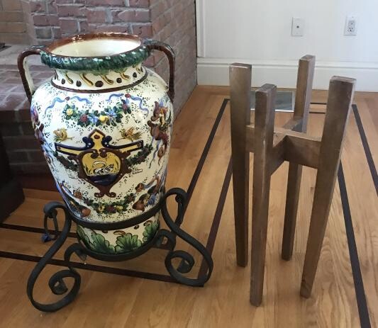 Antique Hand Painted Pottery Vase on Wrought Iron