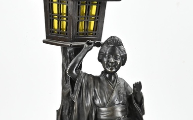 Antique Japanese bronze figure. Geisha at lamp. Circa 1900. Size: 61 cm. In good condition....